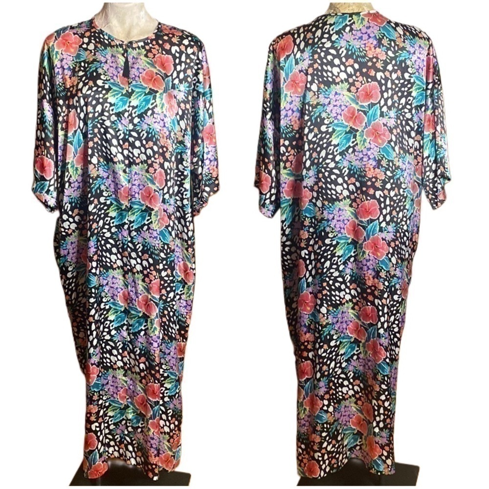 Vtg Amanda Stewart Satin Silky Kaftan Robe Black 90s Floral Pockets Tassel Sz L